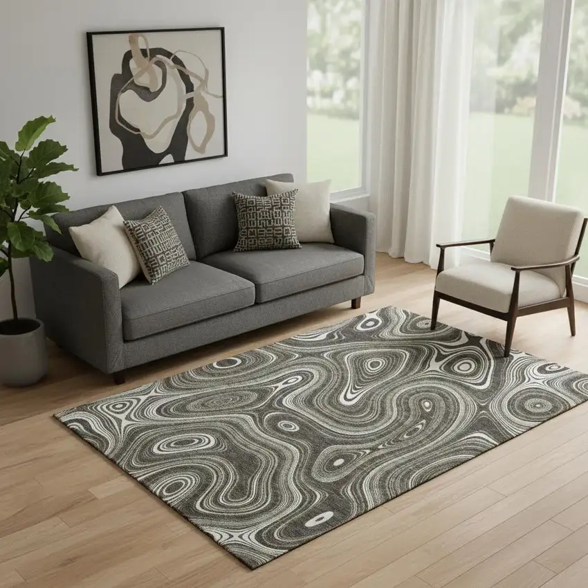 Gray And Silver Geometric Washable Area Rug With UV Protection Photo 2