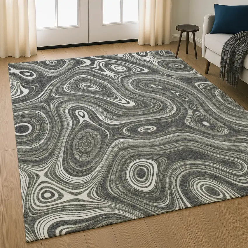 Gray And Silver Geometric Washable Area Rug With UV Protection Photo 5