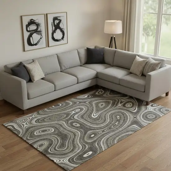 Gray And Silver Geometric Washable Area Rug With UV Protection Photo 2