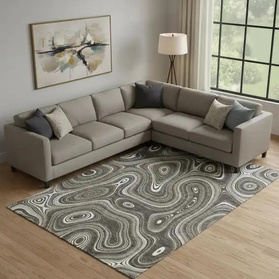 Gray And Silver Geometric Washable Area Rug With UV Protection Photo 2