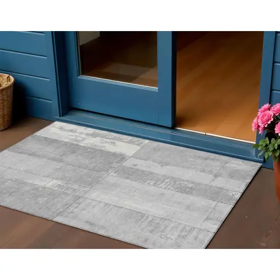 Gray And Silver Geometric Washable Indoor Outdoor Area Rug Photo 2
