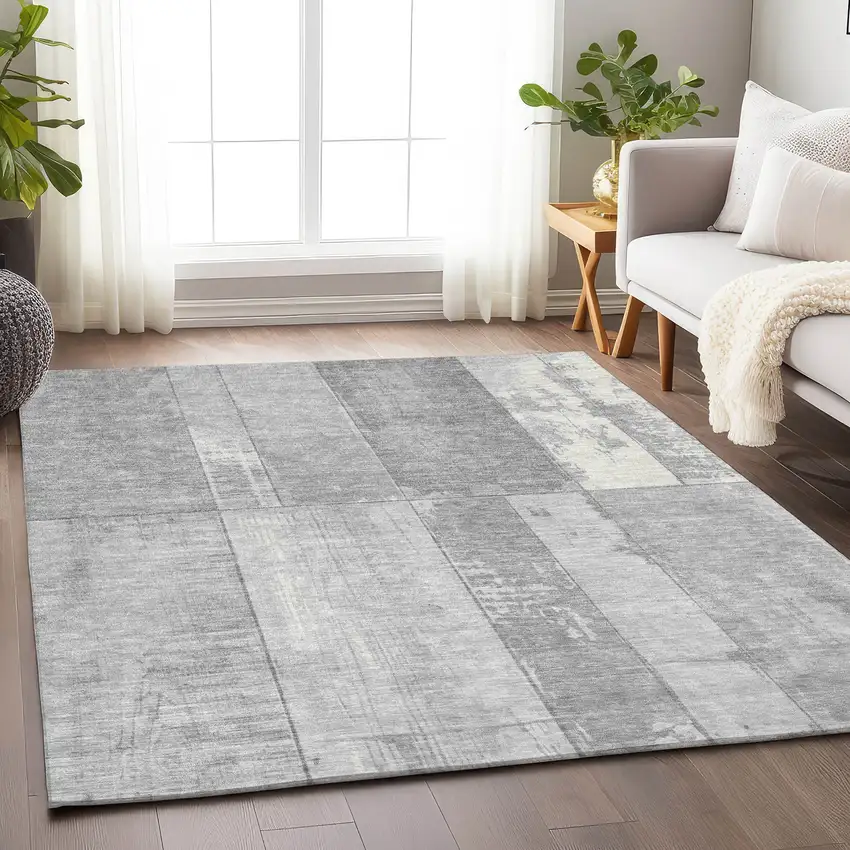 Gray And Silver Geometric Washable Indoor Outdoor Area Rug Photo 6