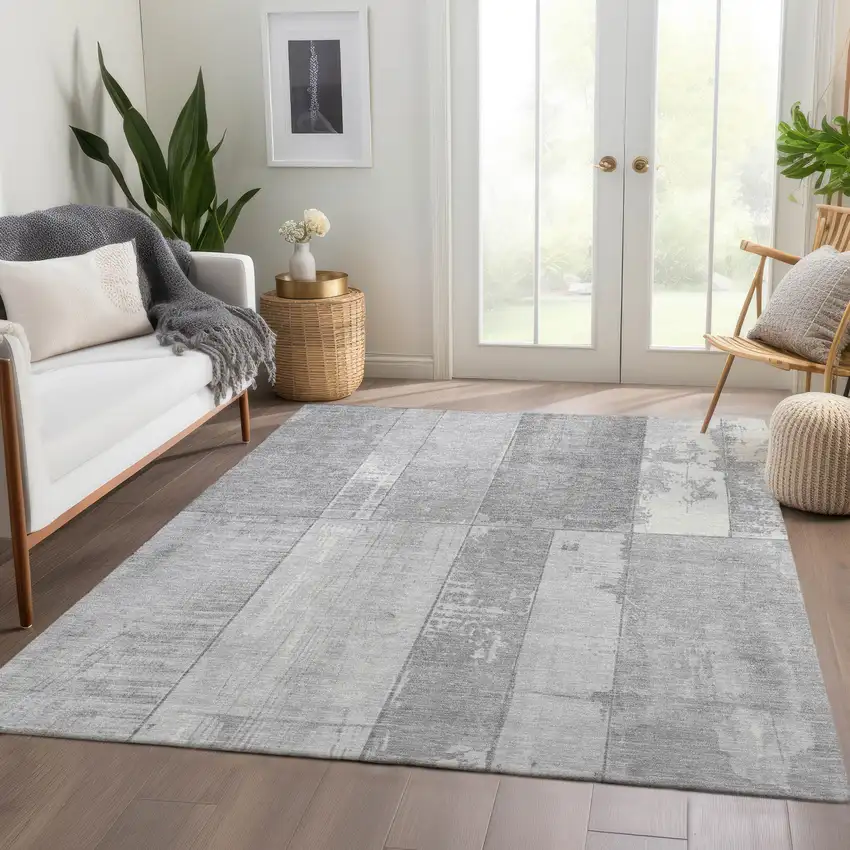 Gray And Silver Geometric Washable Indoor Outdoor Area Rug Photo 7