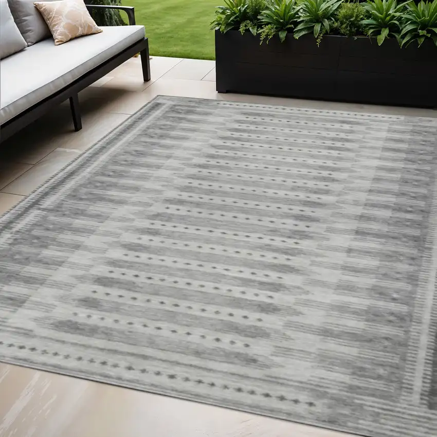 Gray And Silver Geometric Washable Indoor Outdoor Area Rug Photo 2