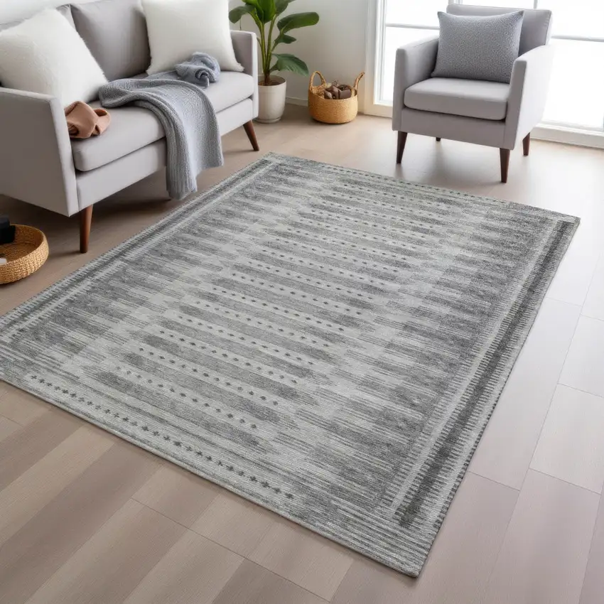 Gray And Silver Geometric Washable Indoor Outdoor Area Rug Photo 6