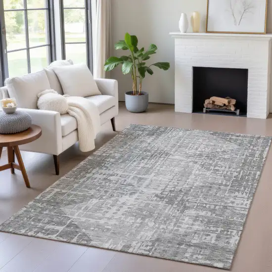 Gray And Silver Geometric Washable Indoor Outdoor Area Rug Photo 6
