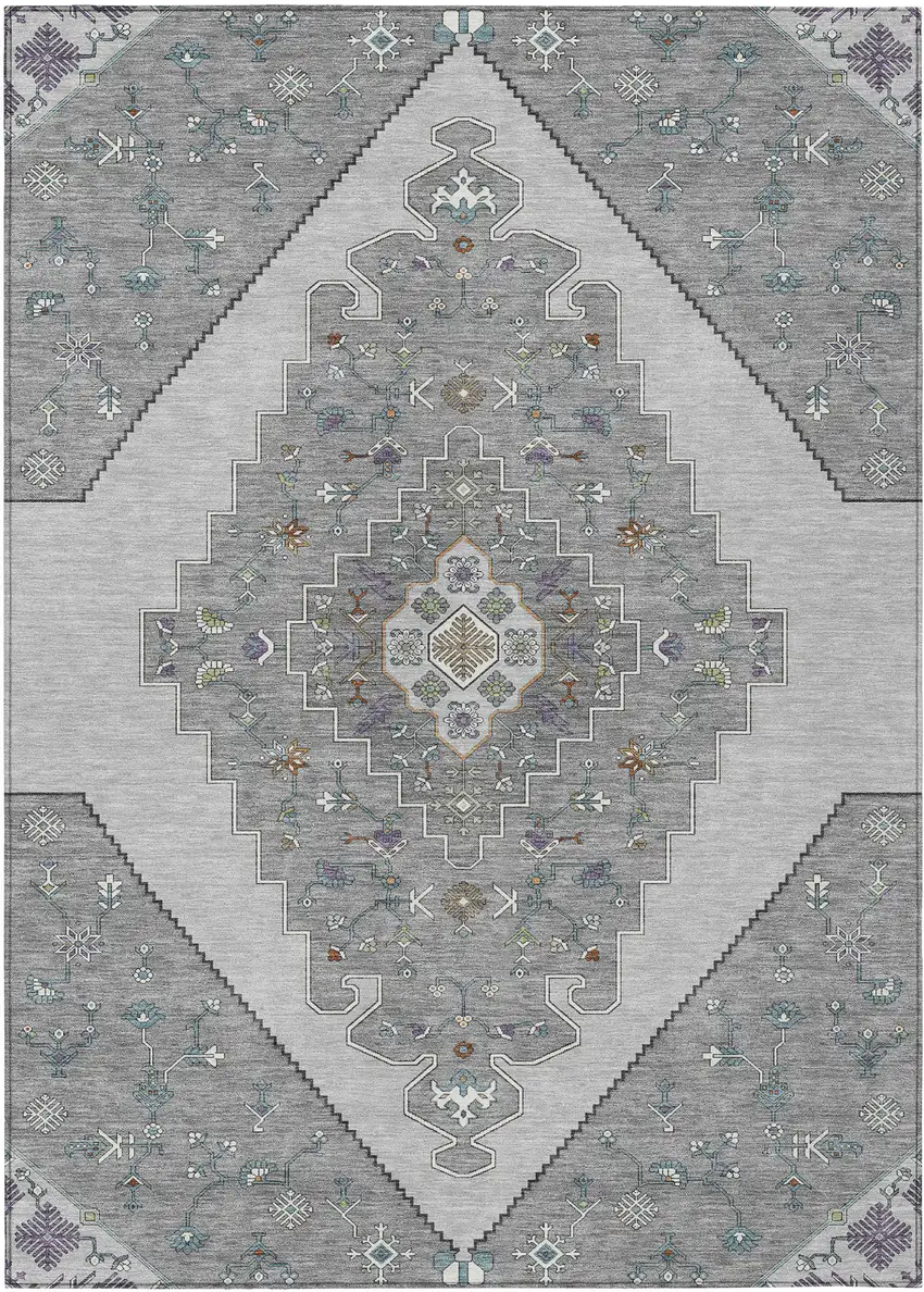 Gray And Silver Geometric Washable Indoor Outdoor Area Rug Photo 1