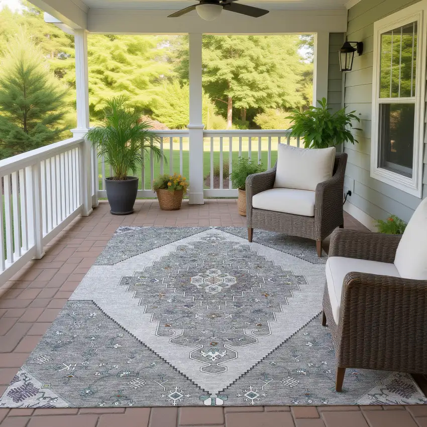 Gray And Silver Geometric Washable Indoor Outdoor Area Rug Photo 4