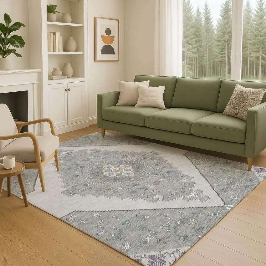 Gray And Silver Geometric Washable Indoor Outdoor Area Rug Photo 5