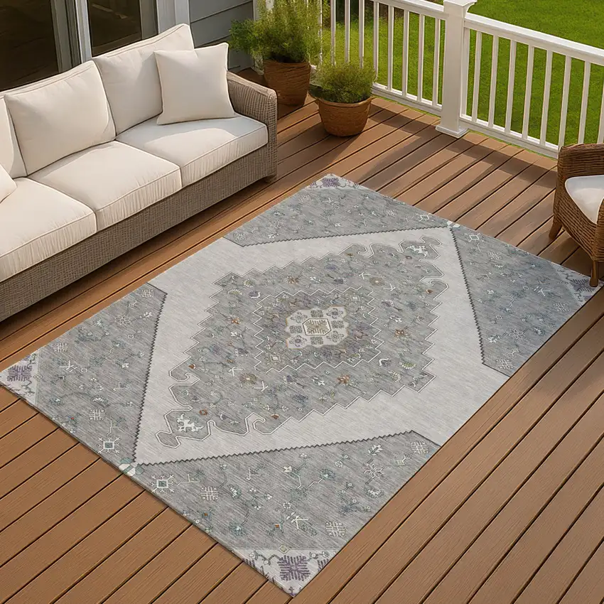 Gray And Silver Geometric Washable Indoor Outdoor Area Rug Photo 7
