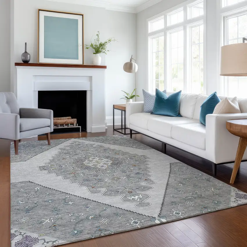 Gray And Silver Geometric Washable Indoor Outdoor Area Rug Photo 6