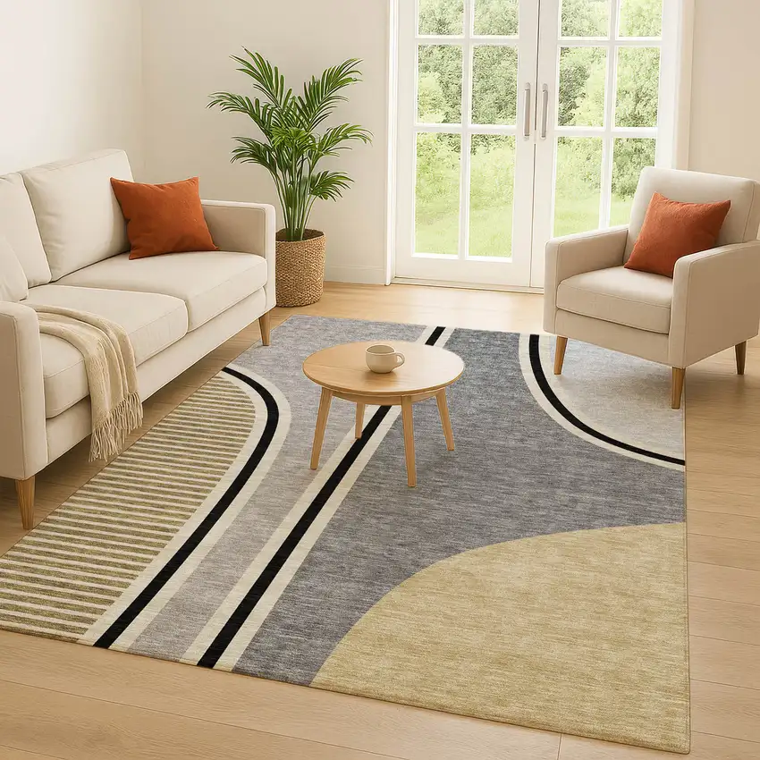 Gray And Silver Geometric Washable Indoor Outdoor Area Rug Photo 5