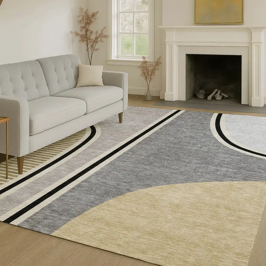 Gray And Silver Geometric Washable Indoor Outdoor Area Rug Photo 6