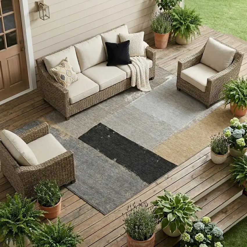 Gray And Silver Geometric Washable Indoor Outdoor Area Rug Photo 1