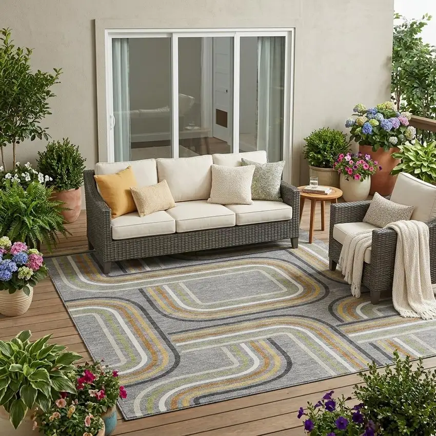 Gray And Silver Geometric Washable Indoor Outdoor Area Rug Photo 1