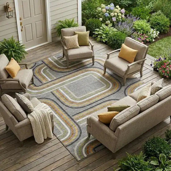 Gray And Silver Geometric Washable Indoor Outdoor Area Rug Photo 1
