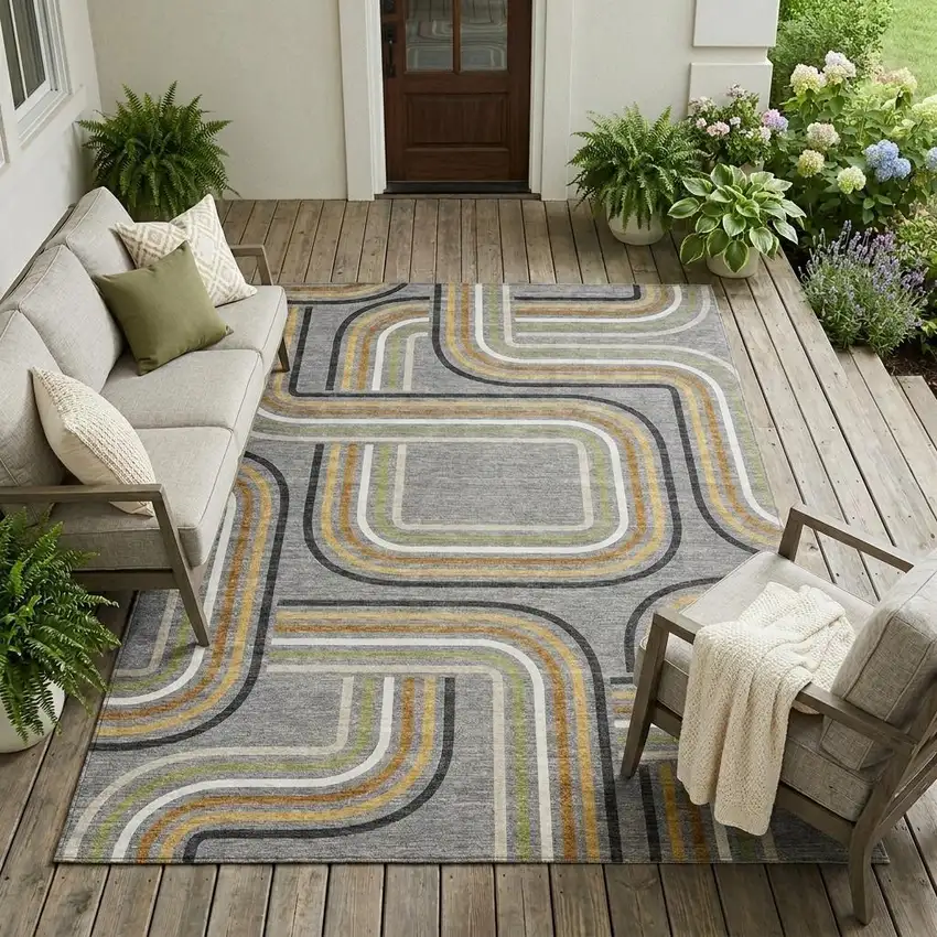 Gray And Silver Geometric Washable Indoor Outdoor Area Rug Photo 1