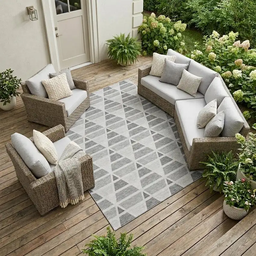 Gray And Silver Geometric Washable Indoor Outdoor Area Rug Photo 1