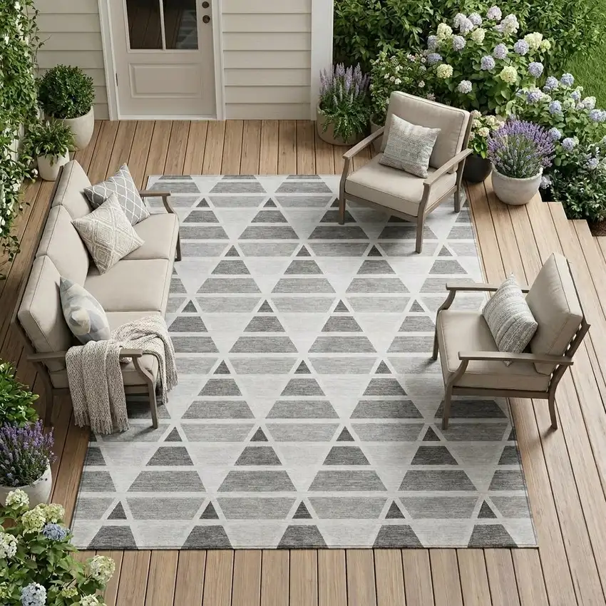 Gray And Silver Geometric Washable Indoor Outdoor Area Rug Photo 1