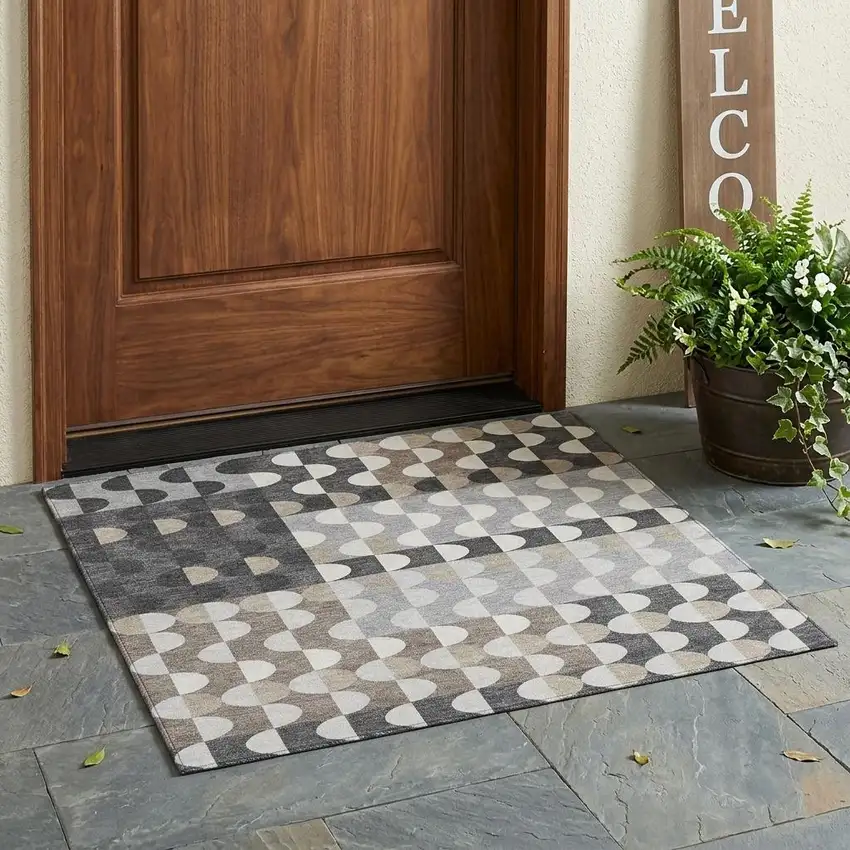 Gray And Silver Geometric Washable Indoor Outdoor Area Rug Photo 1