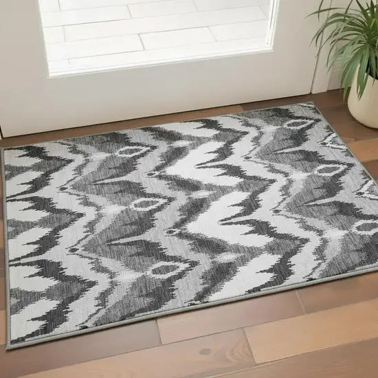 Gray And Silver Ikat Washable Area Rug With UV Protection Photo 2