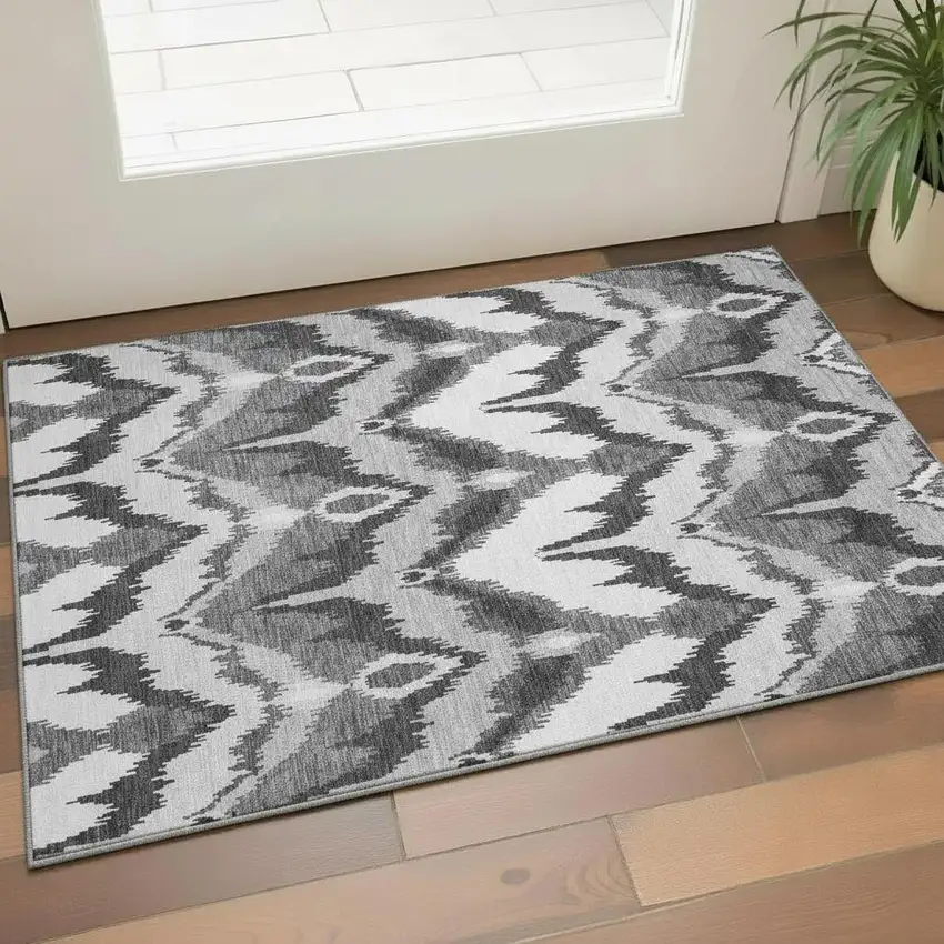 Gray And Silver Ikat Washable Area Rug With UV Protection Photo 1