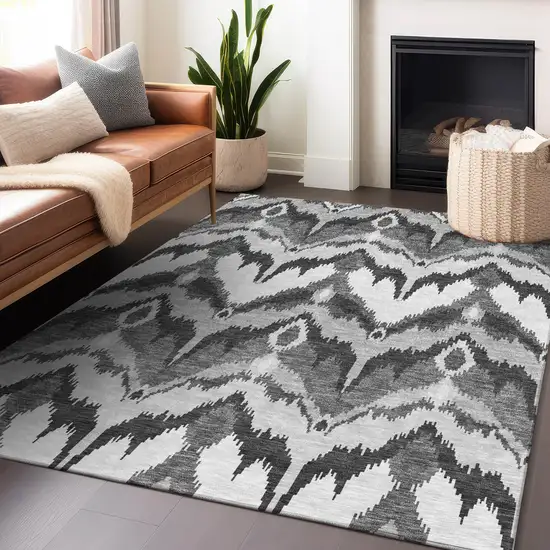 Gray And Silver Ikat Washable Area Rug With UV Protection Photo 6