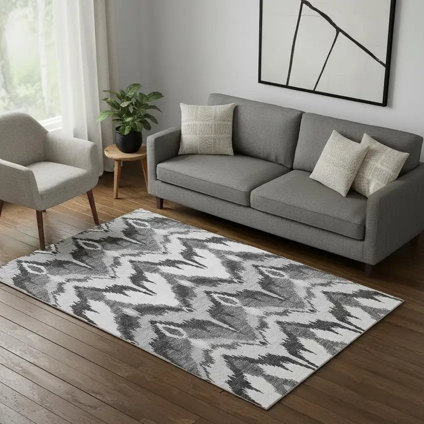 Gray And Silver Ikat Washable Area Rug With UV Protection Photo 1
