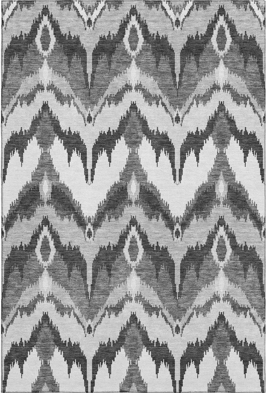 Gray And Silver Ikat Washable Area Rug With UV Protection Photo 1