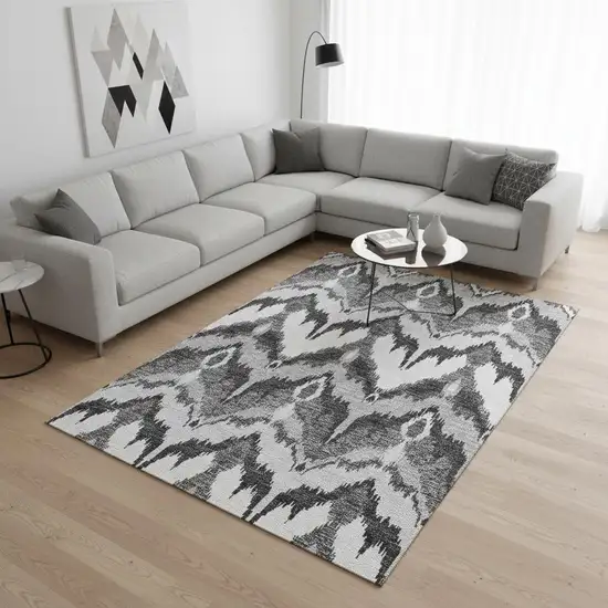 Gray And Silver Ikat Washable Area Rug With UV Protection Photo 2