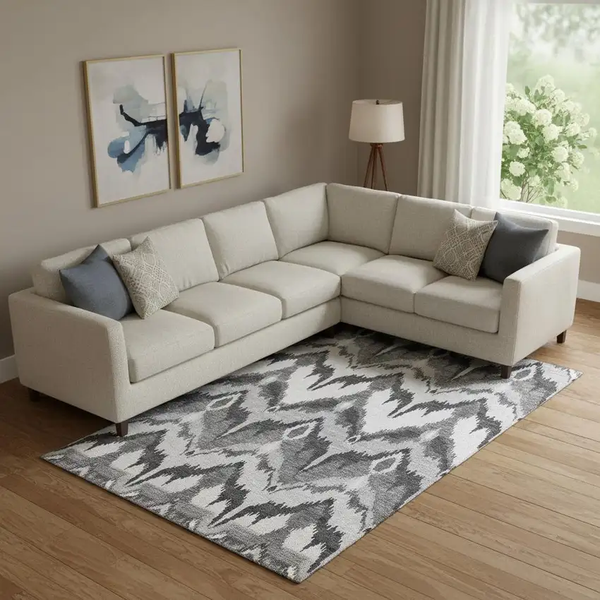 Gray And Silver Ikat Washable Area Rug With UV Protection Photo 1