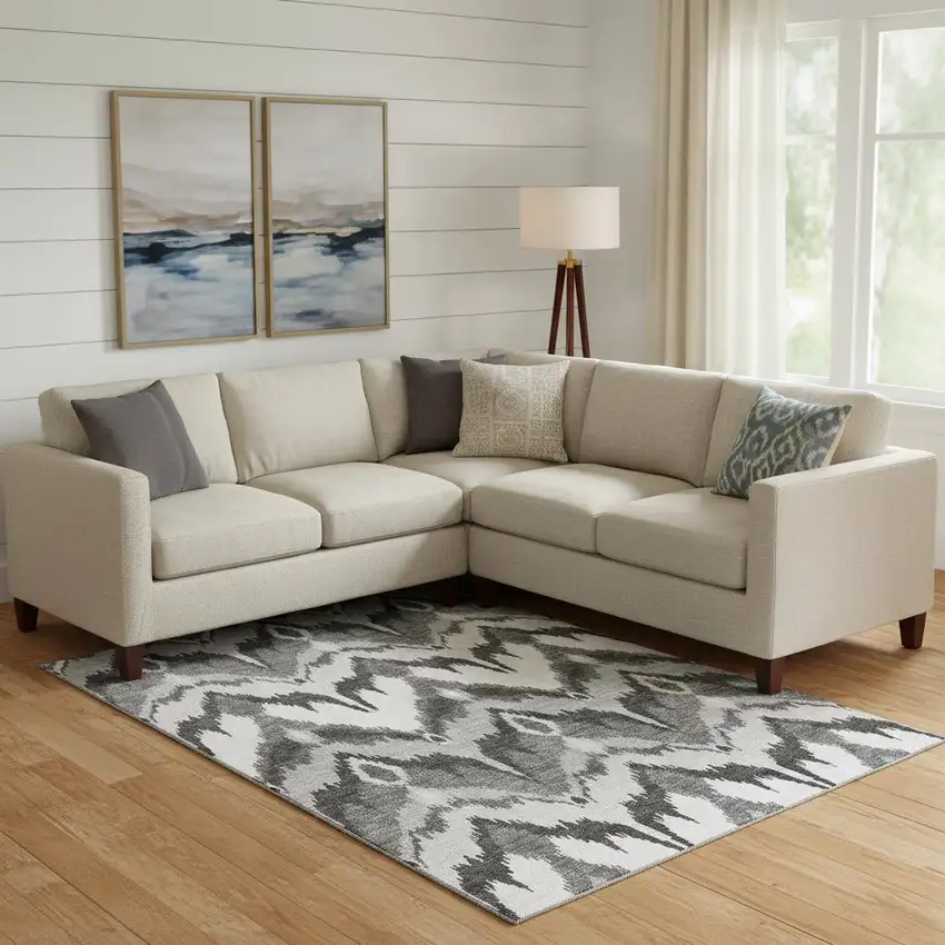 Gray And Silver Ikat Washable Area Rug With UV Protection Photo 1