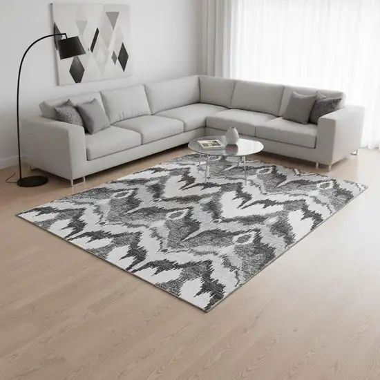 Gray And Silver Ikat Washable Area Rug With UV Protection Photo 2