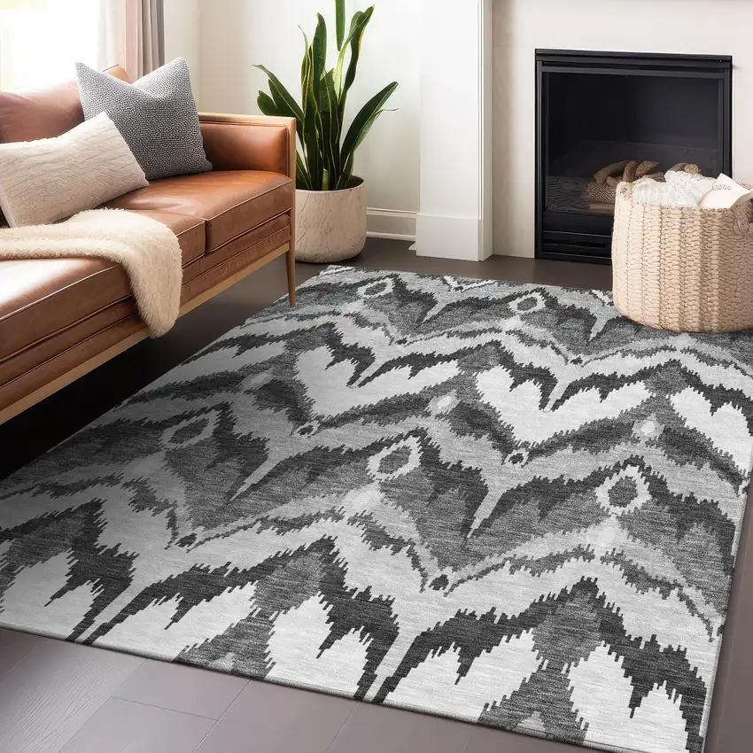Gray And Silver Ikat Washable Area Rug With UV Protection Photo 6