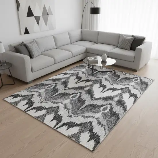 Gray And Silver Ikat Washable Area Rug With UV Protection Photo 2