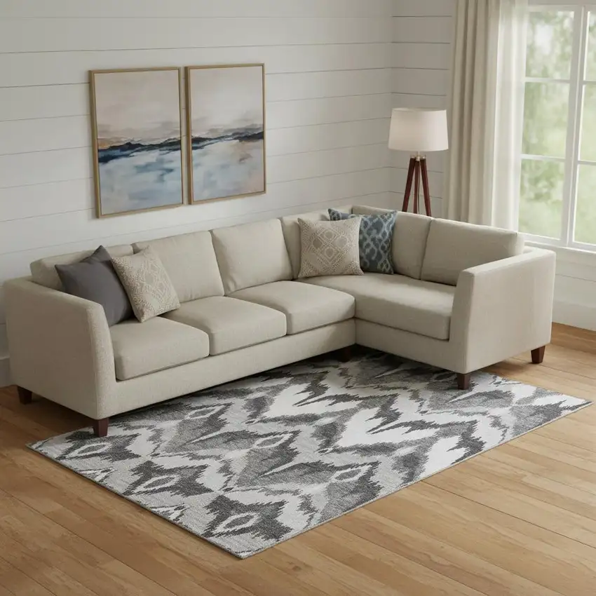 Gray And Silver Ikat Washable Area Rug With UV Protection Photo 1