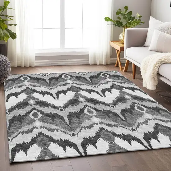 Gray And Silver Ikat Washable Area Rug With UV Protection Photo 5