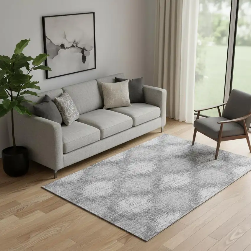 Gray And Silver Ikat Washable Area Rug With UV Protection Photo 1