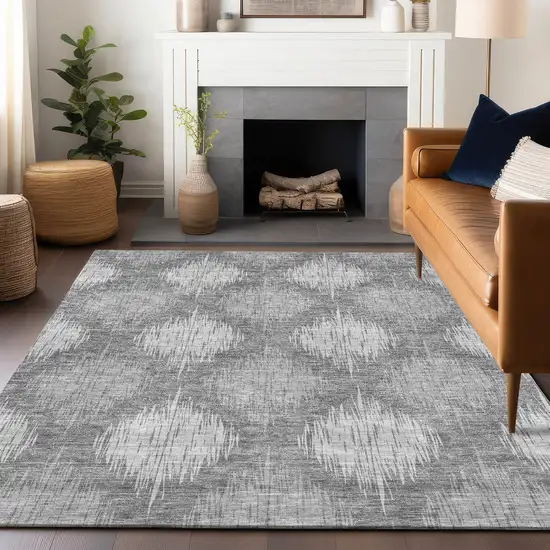 Gray And Silver Ikat Washable Area Rug With UV Protection Photo 6