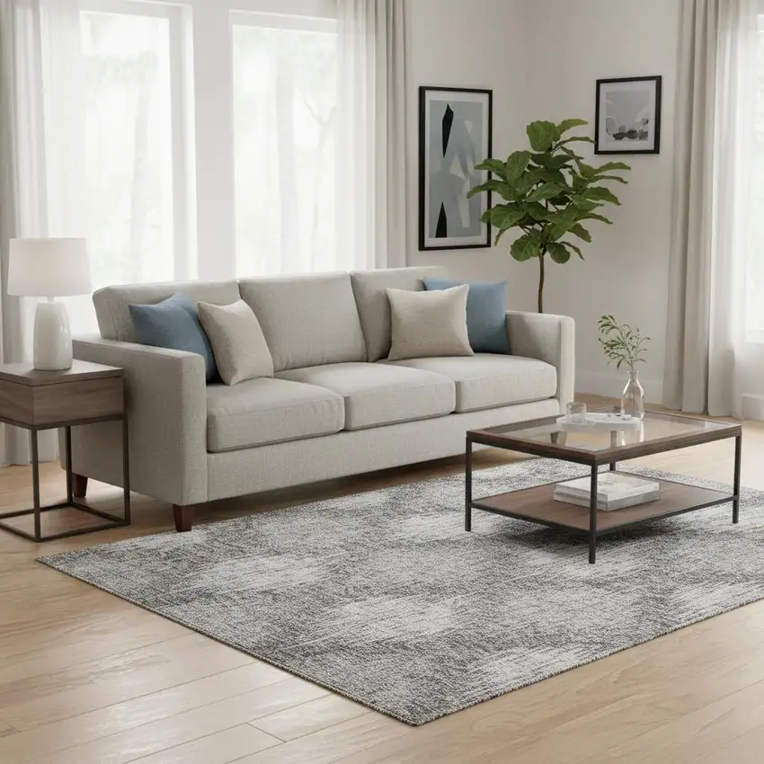 Gray And Silver Ikat Washable Area Rug With UV Protection Photo 2