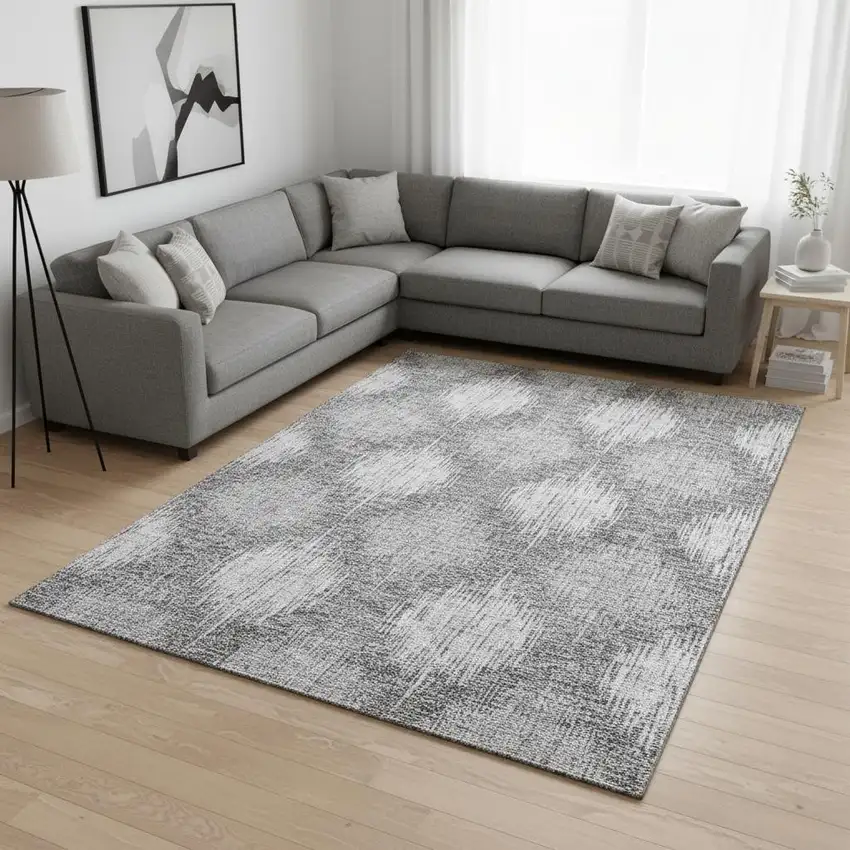 Gray And Silver Ikat Washable Area Rug With UV Protection Photo 2