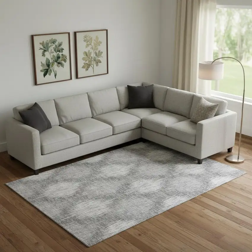 Gray And Silver Ikat Washable Area Rug With UV Protection Photo 1