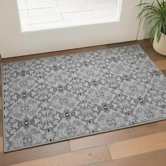Gray And Silver Medallion Washable Area Rug With UV Protection Photo 2