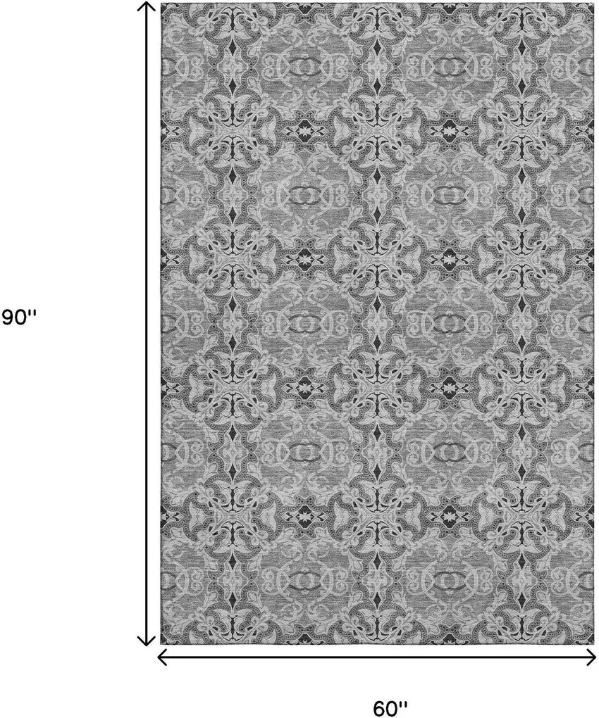 Gray And Silver Medallion Washable Area Rug With UV Protection Photo 3