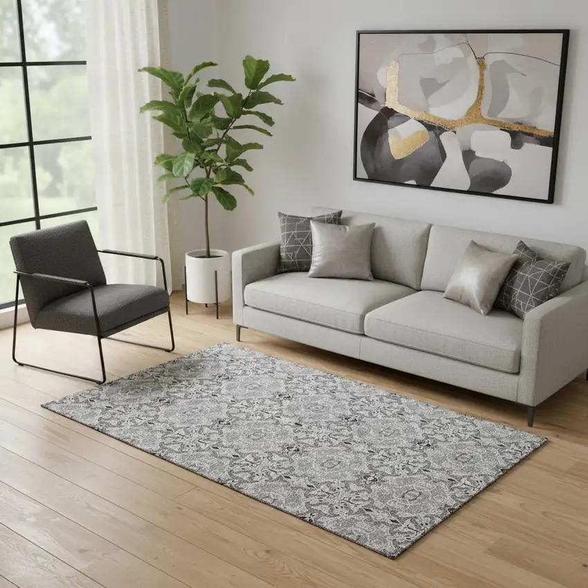 Gray And Silver Medallion Washable Area Rug With UV Protection Photo 1