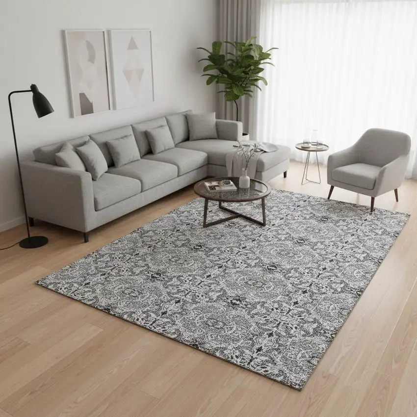 Gray And Silver Medallion Washable Area Rug With UV Protection Photo 2