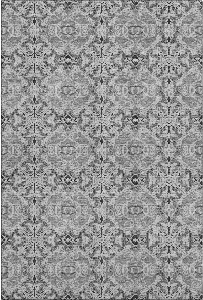 Gray And Silver Medallion Washable Area Rug With UV Protection Photo 1
