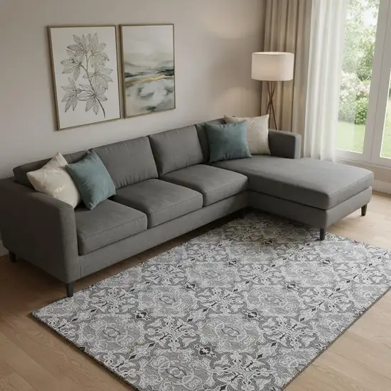 Gray And Silver Medallion Washable Area Rug With UV Protection Photo 1