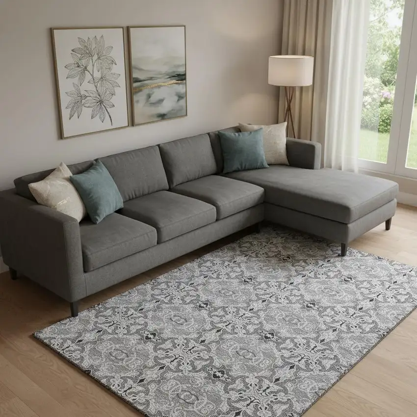 Gray And Silver Medallion Washable Area Rug With UV Protection Photo 1