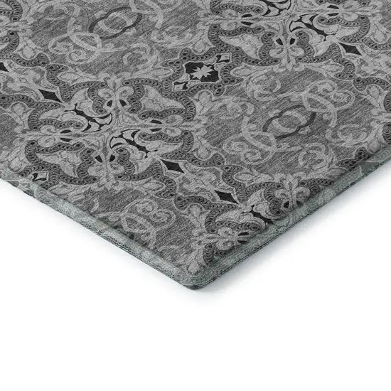 Gray And Silver Medallion Washable Area Rug With UV Protection Photo 8